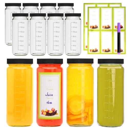 Salzesfalls 16oz Glass Juice Bottles with Lids,Reusable Juice Bottles,Glass Bottles for Juicing,Milk Tea,Smoothies,Ice Tea,Beverages Bottles,Set of 12