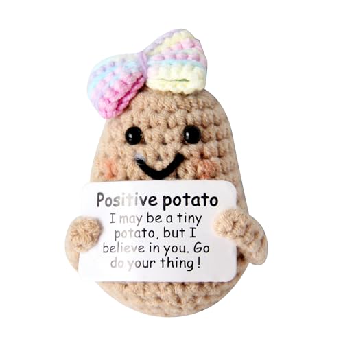 qyqkfly 1 Pcs Mini Cute Funny Positive Life Bunny Creative Knitted Animal Holding Card Crochet Easter Birthday Christmas Girls Gifts Party Decor(Potato)