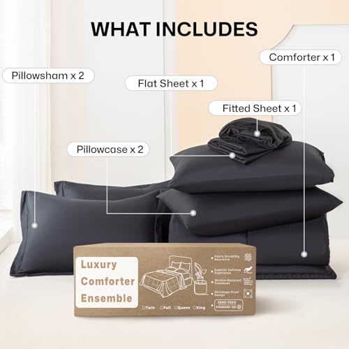 Lavisun Full Comforter Sets,Black Bedding Set 7 Pieces,All Season Soft Microfiber Complete Bedding Sets with 1 Comforter, 1 Flat Sheet, 1 Fitted Sheet, 2 Pillowcases and 2 Pillow Shams