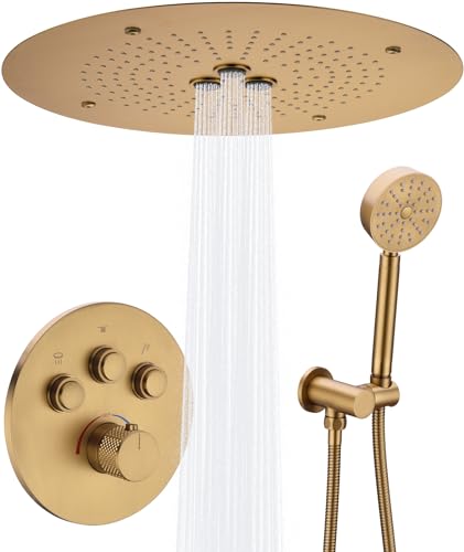 TRUSTMI Thermostatic Shower System 3 Way FLow-Adjust Push Button Diverter Valve, 16 Inch High Pressure Rainfall and Handheld Shower, All Metal Ceiling Mount Round Shower Faucet, Brushed Brass Gold