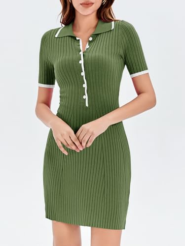 Saodimallsu Womens V Neck Short Sleeve Slim Fit Bodycon Sweater Dress Button Up Ribbed Knit Mini Summer Dresses Army Green