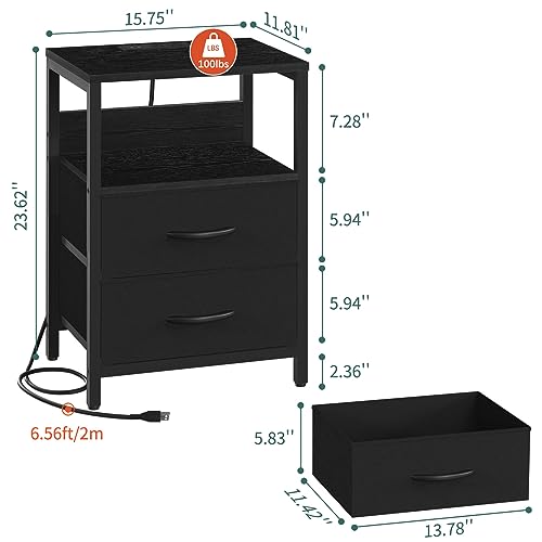 Yoobure Nightstand with Charging Station, Small Night Stand with Fabric Drawers and Storage Shelf for Bedrooms, Nightstands for Small Spaces, Bedside Table with USB Ports & Outlets Bed Side Table