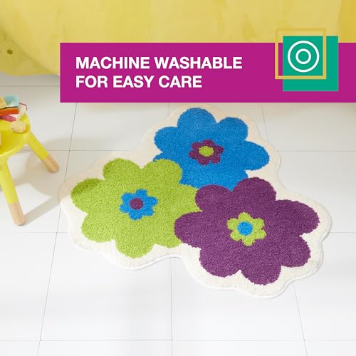 TOWN & COUNTRY PLAY Blossom Retro Daisy Flower Shaped Bath Mat, Absorbent Tufted Floor Mat, Non-Slip Backing, Machine Washable, Blue/Green/Purple, 31.5"x31.5"