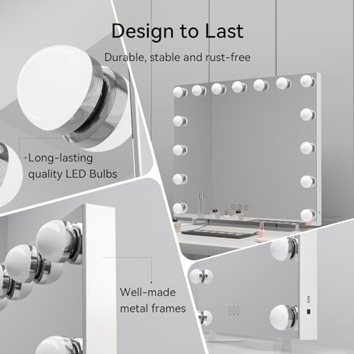 POPLIZZ 23.6" x 21.3" Large Vanity Mirror with Lights with 15 Dimmable LED Bulbs, 3 Light Colors, Smart Touch Control, Wall Mounted, USB Charging Port