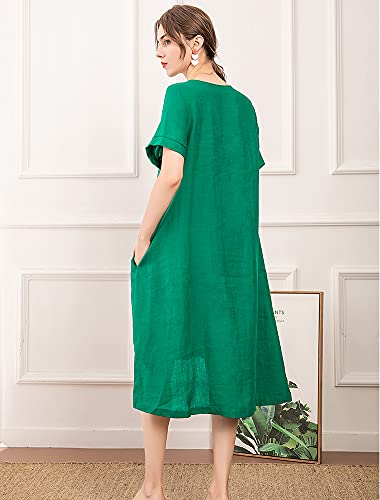 Minibee Women's Embroidered Linen Dress Summer A-Line Sundress Hi Low Tunic Clothing Green M