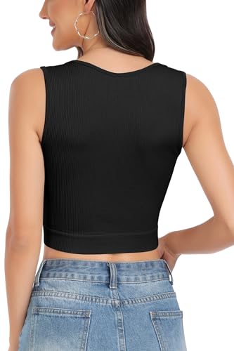 PEIQI Womens Going Out Tank Crop Tops Summer Fashion Outfits Sleeveless Basic Seamless Square Neck Cute Tops Black Small