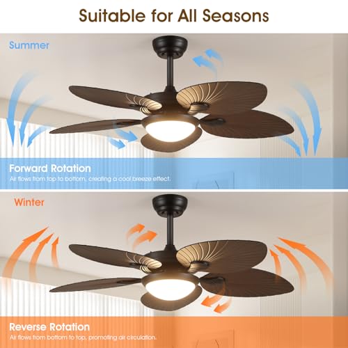 Wiviniya Tropical Ceiling Fans with Lights, 44 Inch Indoor Outdoor Palm Leaf Ceiling Fan for Patios Porch Bedroom, Remote/APP Control, Dimmable, 6 Speeds, Reversible, Brown