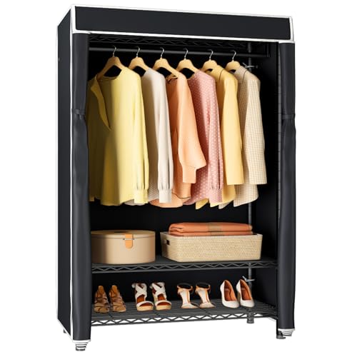 VIPEK V1S 3 Tiers Garment Rack With Cover - Clothing Rack for Hanging Clothes, Freestanding Wardrobe Closet for Small Spaces, Heavy Duty, Black With Black Oxford Fabric Cover