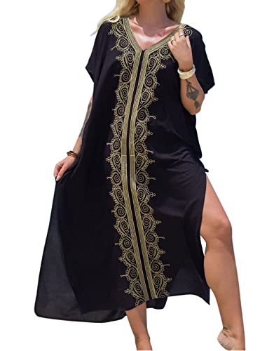 Alsol Lamesa Butterfly Bathing Suit Cover Up Kaftan Dresses for Women V Neck Ethnic Print Long Caftan Beach Dress