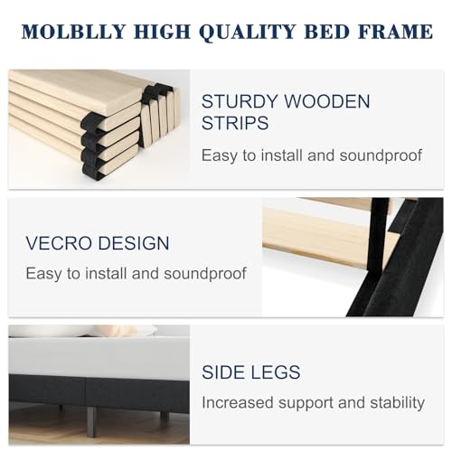 Molblly Queen Bed Frame Upholstered Platform with Headboard and Strong Wooden Slats, Strong Weight Capacity, Non-Slip and Noiseless,No Box Spring Needed, Easy Assembly,Dark Grey