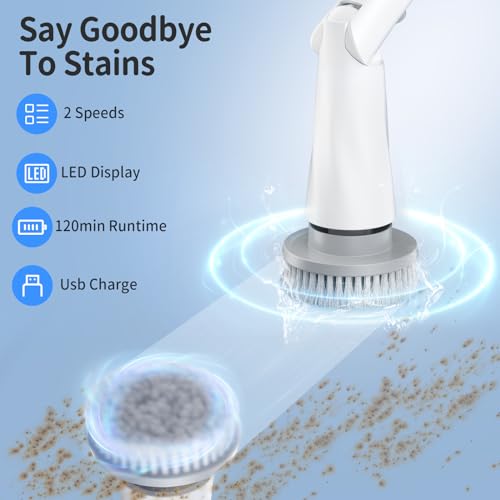 GROMCLIP Electric Spin Scrubber, Electric Shower Scrubber with Long Handle Adjustable, 8 Replaceable Heads and Battery Display, 2 Speeds Electric Spin Brush for Cleaning Bathroom Tub Floor Tile Basin