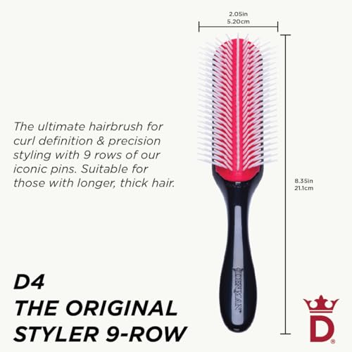 Denman Original Curl Definer & Styler 9 Row Hairbrush for Detangling, Separating, and Defining Longer Curls, Curly Hairbrush - Black