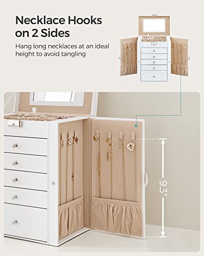 SONGMICS 6 Tier Jewelry Box, Jewelry Case with 5 Drawers, Large Storage Capacity, with Mirror, Lockable, Jewelry Storage Organizer, Mother's Day Gifts, For Watches, White UJBC152W01