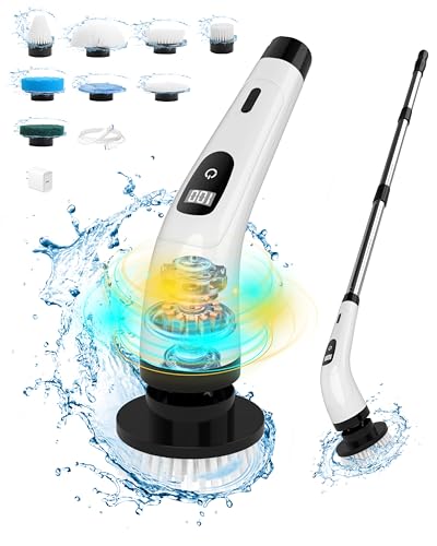 Wevenad Electric Spin Scrubber,Shower Scrubber IPX7 Waterproof with 8 Replaceable Brush Heads and Adjustable Removable Extension Handle,3 Adjustable Speeds,Suitable for Bathtub Tile Floor (White)