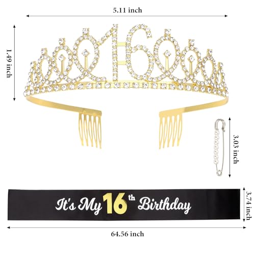 CAVETEE Gold 16th Birthday Sash and Tiara, 16th Birthday Crown and It's My 16th Birthday Sash for Girls Kit Birthday Decoration 16th Birthday Party Gifts
