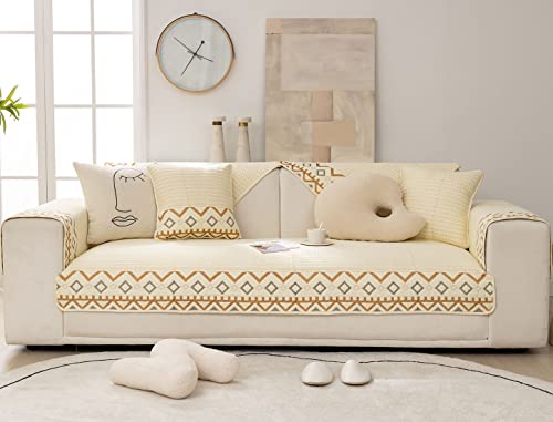 XSlive Farmhouse Embroidery Couch Sofa Cover Geometric Pattern Cotton Quilted Sectional Couch Cover Anti-Slip Soft Furniture Protector Sofa Slipcover for Living Room (Ivory,36"x94")