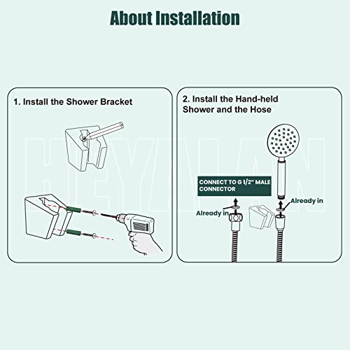 Heyalan Shower Wand Handheld Showerhead Wand Spray High Pressure Flow Brushed Nickel 1 Mode Hand Held Round SUS304 Sprayer Bathroom High Powerful Single Function Shower Head Bracket&Water Hose Include