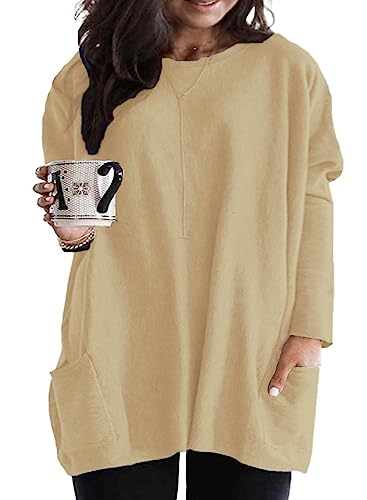 Eytino Womens Plus Size Crewneck Tunic Shirt Casual Long Sleeve Solid Color Sweatshirts Oversized Tops with Pockets,2X Violet
