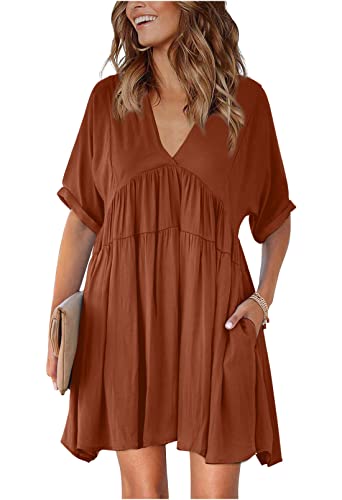 HUUSA Womens Summer Cute Babydoll Swing Flowy Tunic Dress 2023 V Neck Short Sleeve Casual Loose Solid Color Fashion Mini Shift Dresses XLarge Brown