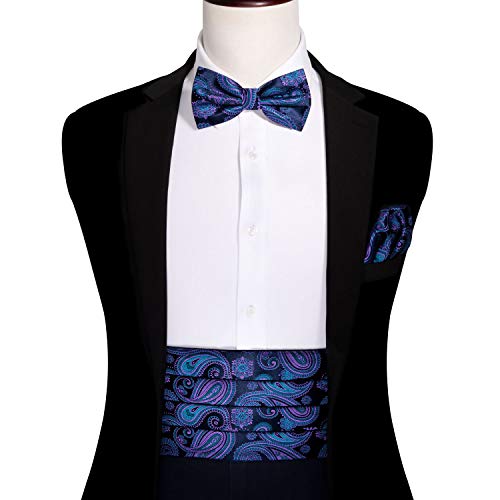 YOHOWA Men Cummerbund Bow Tie Set Paisley Gold Silk Pre-Tied Bowtie Pocket Square Cufflinks Formal Wedding Party Prom Tuxedo