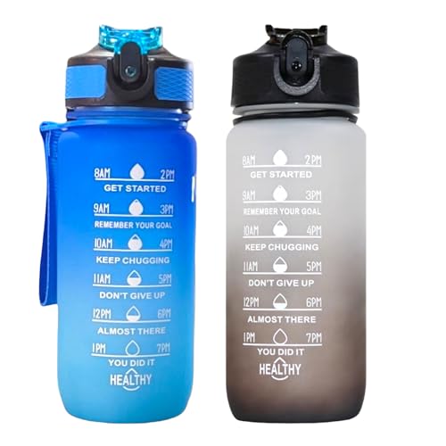Mint Berry 2 Pack Bundle 20 Oz/Kid Water Bottle with Motivational Time Marker Straw Leakproof BPA Free Reusable Easy Carry Handle Strap For School All Day Drink & Sports Activities (Blue & Grey Black)