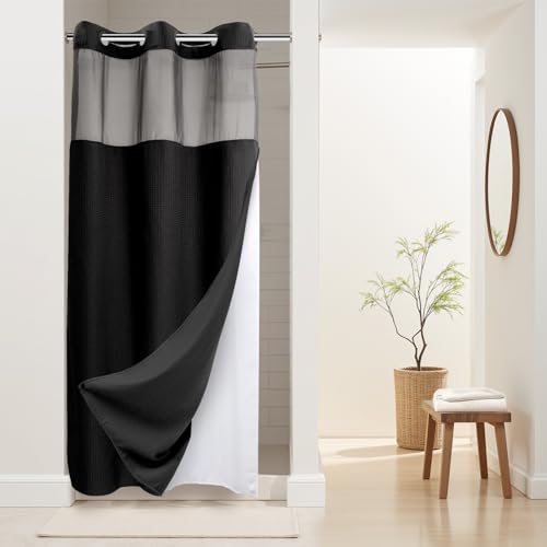 Heavyweight No Hooks Required Dotted Waffle Weave Shower Curtain with Snap in Liner -Stall 54W x 80H,Hotel Grade,Spa Like Bath Curtain,Misty Blue