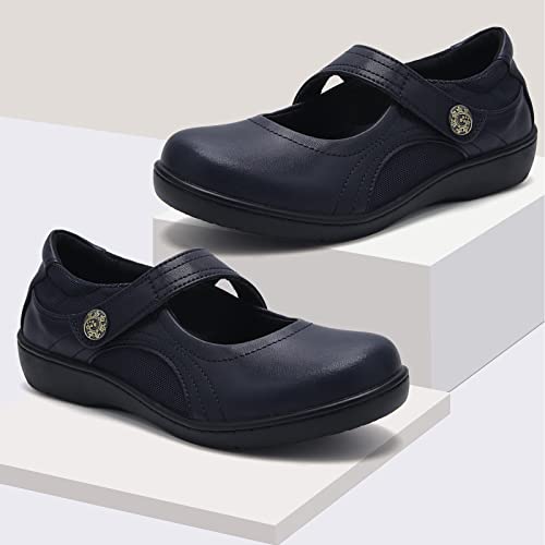 UZB MARY JANE SHOES WOMEN'S MEMORY FOAM ORTHOPEDIC OFFICE & WORK SHOES - NON SLIP CASUAL FLATS WITH HOOK AND LOOP CLOSURE, NAVY, 6 US