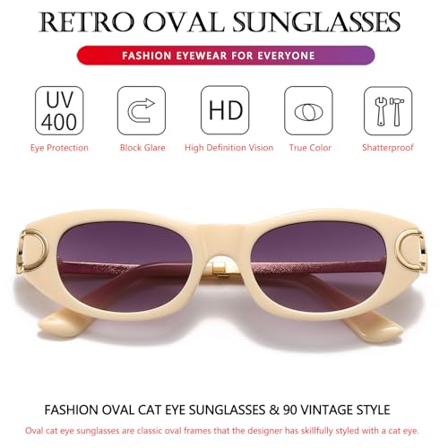 AIEYEZO Retro Oval Sunglasses for Women 90s-Style Classic Oval Frame Sun Glasses Fashion Vintage Cat Eye Shades (Beige/Grey Gradient)