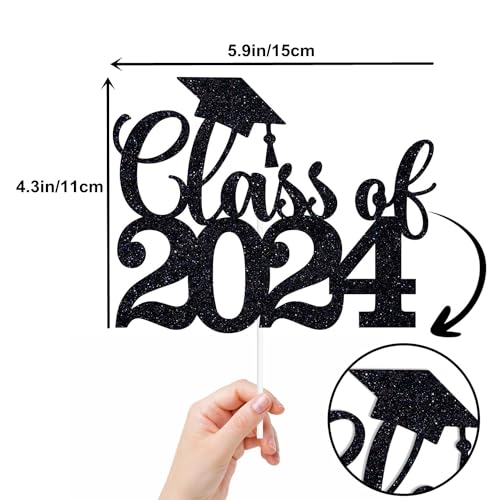 Class of 2024 Cake Topper 6Pcs Glitter Congrats Grad 2024 Congrats Graduation Party Decorations Supplies, Black