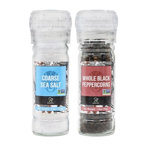 Soeos Sea Salt 3.5 oz + Black Peppercorns 1.8 oz, Salt for Grinder Refill, Salt and Peppercorns, Pepper Grinder Refill, Non-GMO Spice Seasoning Set For Cooking (150g Grinders, Glass Bottle)