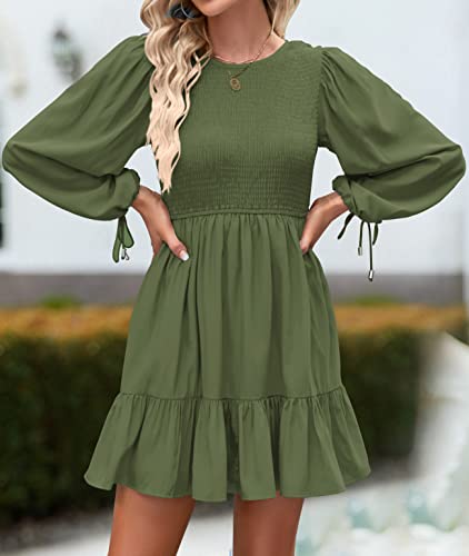 ZESICA Women's Long Sleeve Smocked Dress 2024 Fall Casual Crew Neck Tiered Swing Cocktail Wedding Party Mini Dresses,Black,Large