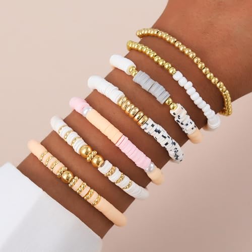 KISS WIFE Surfer Heishi Clay Beaded Bracelets for Women, Summer Beach Jewelry Bohemian Stackable Stretch Friendship Bracelet Set, Trendy Cute Preppy Stuff (9-Apricot Brown Star) (1-Apricot Pink Beads)