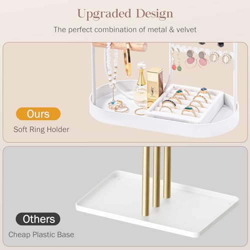 ProCase Jewelry Organizer Jewelry Holder Jewelry Stand with Velvet Ring Tray and Study Metal Frame, Necklace Holder Organizer Bracelet Display Storage Rack for Studs Rings -White