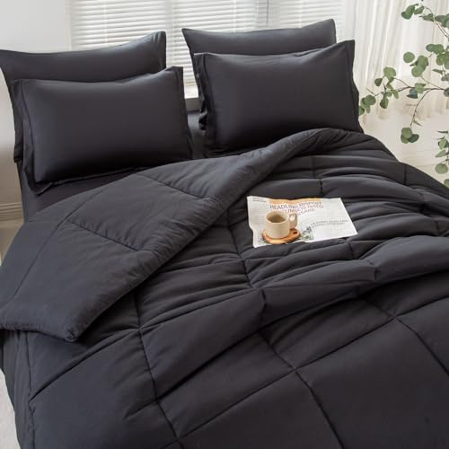Lavisun Full Comforter Sets,Black Bedding Set 7 Pieces,All Season Soft Microfiber Complete Bedding Sets with 1 Comforter, 1 Flat Sheet, 1 Fitted Sheet, 2 Pillowcases and 2 Pillow Shams
