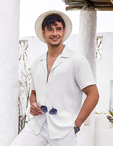COOFANDY Mens Hawaiian Shirt Short Sleeve Button Down Shirts for Men Linen Beach Shirt, Palm Tree Blue, M