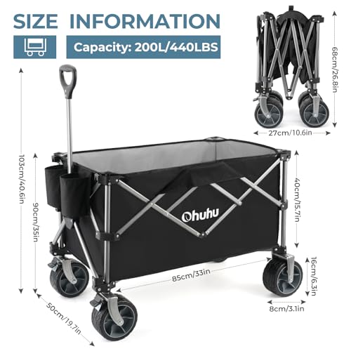 Wagon Cart Foldable Utility Wagons: Ohuhu 200L/440LB Capacity Beach Wagon with Big Wheels for Sand, Collapsible Folding Garden Carts, Heavy-Duty Grocery Wagons for Sports Camping Picnic Shopping