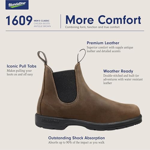 Blundstone 1609 Unisex Classic Series Chelsea Boot for Men and Women with Shock Absorption and Premium Water Resistant Leather, Antique Brown, 10 US Men / 12 US Women / 9 AU