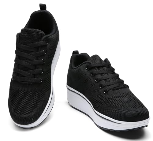 DADAWEN Women's Slip On Breathable Mesh Walking Tennis Shoes Lightweight Comfort Wedge Platform Casual Sneakers for Gym Travel Work Black US Size 5
