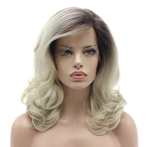Lushy Hair 16inch Wavy Dark Root Light Blonde Ombre Heat Resistant Heavy Density Realistic Synthetic Lace Front Stylish Wigs