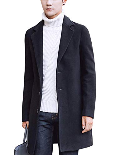 Tanming Mens Black Trench Coat Notched Lapel Single Breasted Long Peacoat Overcoat (Black-XS)