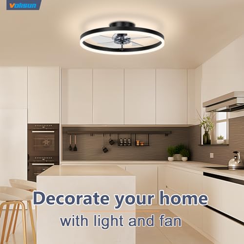 VOLISUN Low Profile Ceiling Fan with Lights and Remote, 15.7in Bladeless Ceiling Fans with light Flush Mount, 3000K-6500K Dimmable Modern LED Fan Light, Black Fandelier Ceiling Fans for Bedroom