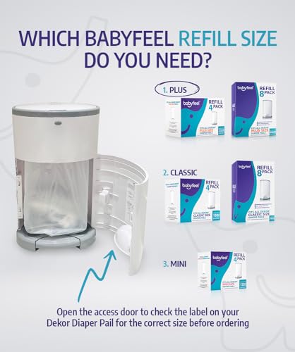 Babyfeel Refills Compatible with DEKOR PLUS Diaper Pails | 4 Pack | Exclusive 30% Extra Thickness | Diaper Pail Refills with Powerful Odor Elimination | Fresh Powder Scent | Holds up to 2320 Diapers