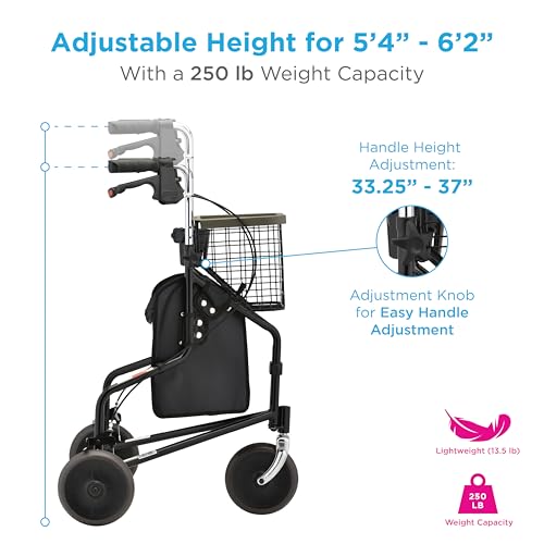 NOVA Traveler Folding 3-Wheel Walker with Tray, Basket, Pouch & Cup Holder, Lightweight Mobility Aid for Seniors & Adults, 8” All-Terrain Wheels for Tight Spaces & Travel, Black