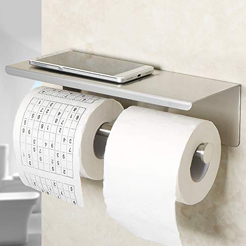 Alise Double Toilet Paper Holder,Bathroom Tissue Holder with Shelf,SUS304 Stainless Steel Toilet Paper Roll Holder Storage Dispenser,Self Adhesive or Wall Mount Drilling,Matte Black,GYT880-B