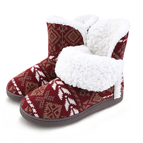 Women Comfort Warm Fluffy Faux Fur Slipper Boots Soft Memory Foam Ankle Booties House Pull on Shoes Anti-Slip Sole Indoor Outdoor (5-6, Red, numeric_5)