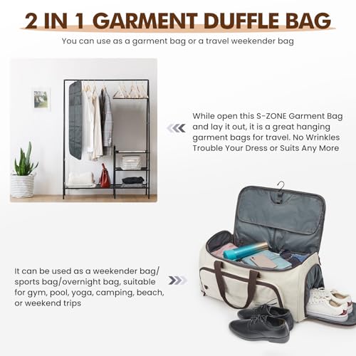 Carry On Garment Bag for Travel, S-ZONE Convertible Garment Duffle Bag Suit Bags for Men Women Travel- 2 in 1 Hanging Suitcase Business Travel Bag with Toiletry Bag, Beige, 50l