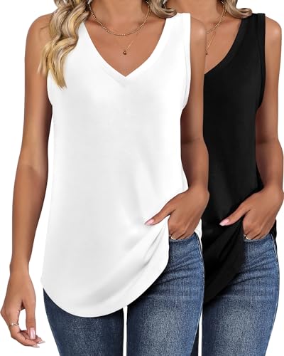 Huukeay 2 Pcs Women Tank Tops Sleeveless Deep V Neck Casual Tops Solid Color Basic Summer Loose Fit T Shirts(Black, White, Small)