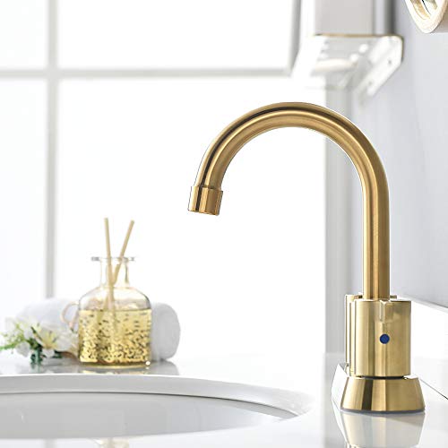 Brushed Gold 4 Inch 2 Handle Centerset Lead-Free Bathroom Faucet, Swivel Spout with Copper Pop Up Drain and 2 Water Supply Lines, BF015-1-BG
