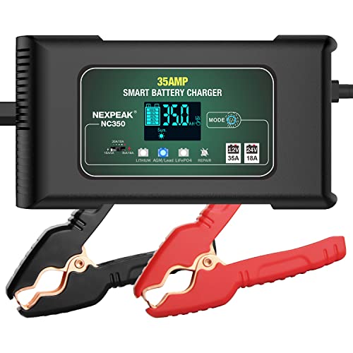 35-Amp Car Battery Charger, 12V and 24V Smart Fully Automatic Battery Charger Maintainer Trickle Charger w/Temperature Compensation for Car Truck Lawn Mower Boat Lead Acid Lithium LiFePO4 Batteries