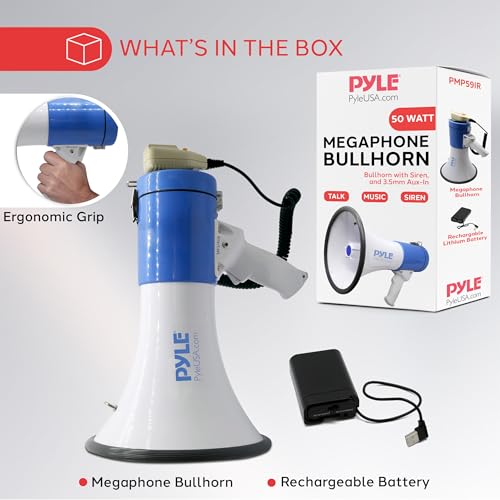Pyle Megaphone PA Bullhorn Speaker - Built-in Siren 50 Watts Rechargeable Battery- 10 Sec Record Function for Football Baseball Basketball Cheerleading Fans Coaches or for Safety Drills - (PMP59IR)